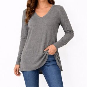 Grey Textured V Neck Long Sleeve Sweater Top Tunic